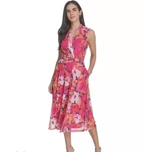 Evan Picone Floral Cotton Dress Mock Wrap Pleated Skirt Lined Sleeveless 12 Pink